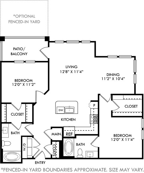 Floor plan for 2 beds, 2 baths, 1202 sqft